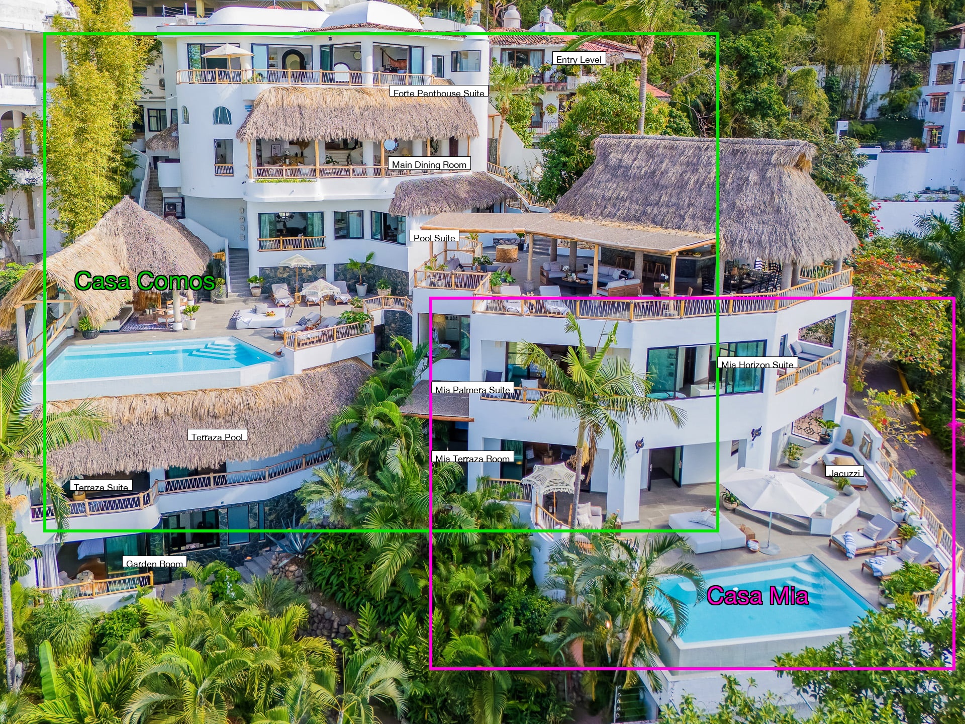 Las Villas PV aerial view — all 8 suites labeled across Casa Comos and Casa Mia